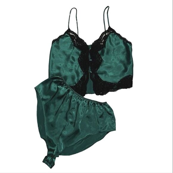 Vintage Victorias Secret Gold Label Pajama Set Camisole Top Flutter Set Green M - Picture 1 of 6